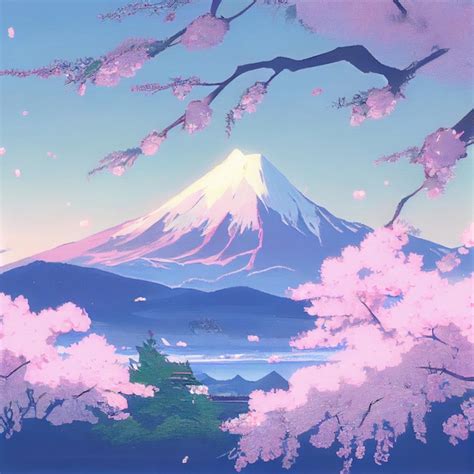 Premium Photo | Mount Fuji and cherry blossom trees landscape Japanese manga illustration