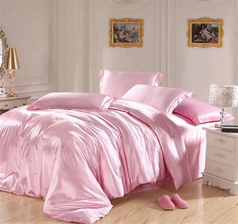 Light Pink bedding sets Silk satin super king size queen double quilt ...