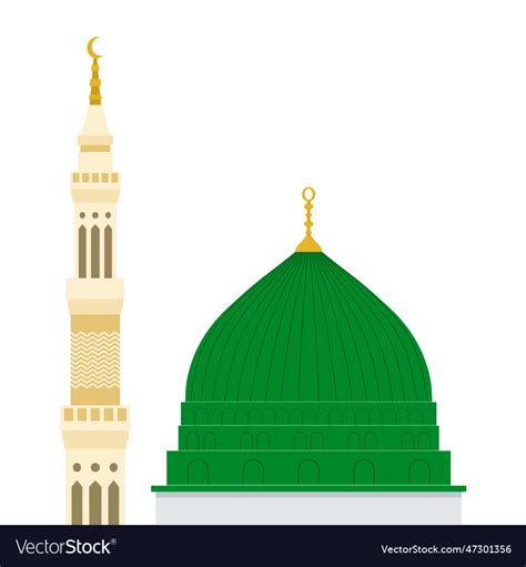 Mosque or masjid al nabawi minaret and green dome Vector Image