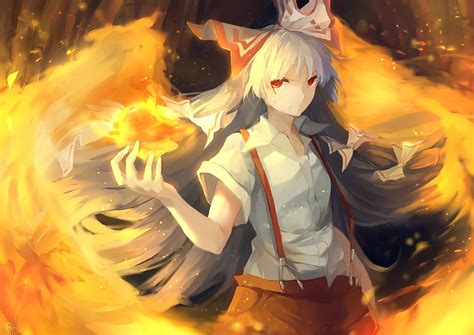 Female anime character with fire magic digital wallpaper, Touhou, Fujiwara no Mokou, fire, anime ...