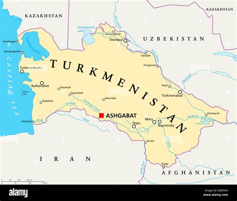 Turkmenistan political map with capital Ashgabat, national borders ...