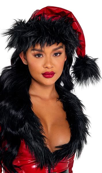 Red Vinyl Santa Hat Black Faux Fur Trim