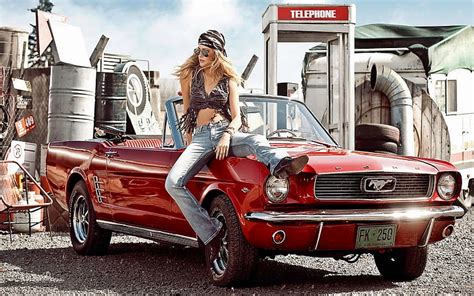 HD wallpaper: red Ford Mustang convertible, car, women, old car, women ...