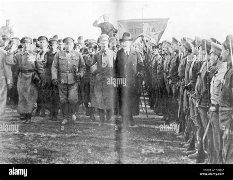 Leon Trotsky, People's Commissar of War, reviewing Red Army troops in Moscow, Russia, 1918 ...