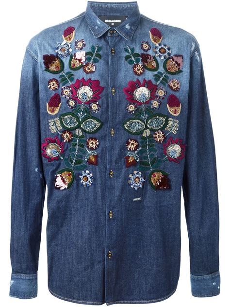 Lyst - Dsquared² Flower Embroidered Denim Shirt in Blue for Men