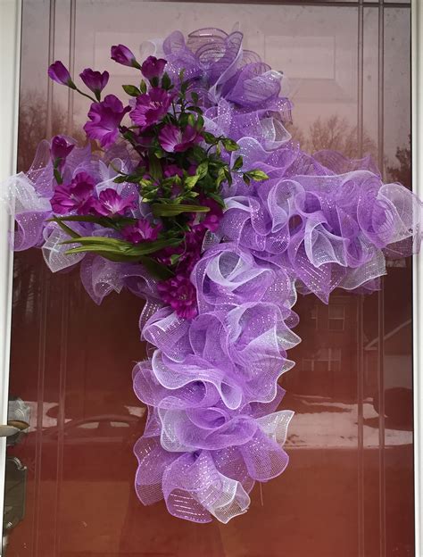 Easter Cross Deco Mesh Wreath. Very elegant cross made with purple and white mesh, with offset ...