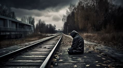 Sad Man Sitting On Tracks Next To Dark Sky In Darkest Night Background ...