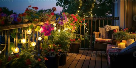 Summer balcony decor potted plants, lanterns, and colorful flowers illuminate.ai generative ...