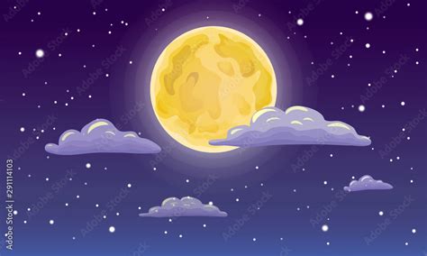 vector full moon, stars, and clouds on the dark midnight sky. Night sky ...