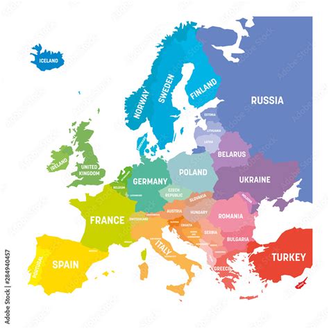 Map of Europe in colors of rainbow spectrum. With European countries names Stock Vector | Adobe ...