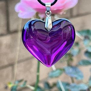 Purple Heart Necklace, Big Purple Glass Heart Pendant, Puff Charm Necklace With Black Leather ...