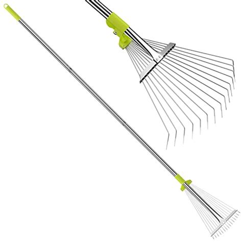 Adjustable Garden Leaf Rake 70 inch, Collapsible Metal Yard Rake for Leaves with Expandable Head ...