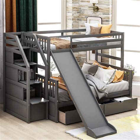 AmazonSmile: Twin Over Full Stairway Bunk Beds with Drawers &Storage & Slide,Wood Loft Bed for ...