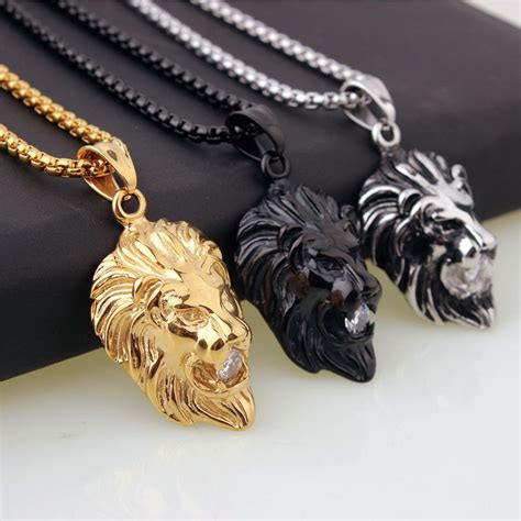 Wholesale Mens Lion Head Pendants Necklace For Men Black Silver Gold ...