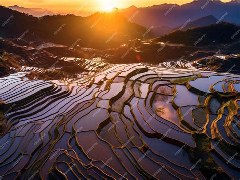 Premium AI Image | a sunset over the rice fields.