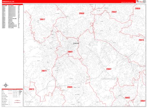 Greenville South Carolina Zip Code Wall Map (Red Line Style) by MarketMAPS - MapSales