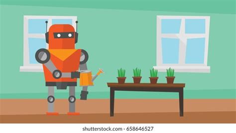 Robot Housekeeper Watering Flowers Home Robot Stock Vector (Royalty ...