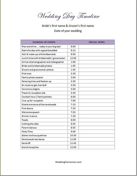 Wedding Day Timeline Editable Template – Elegant Wedding Ideas
