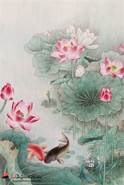 Original Painting, Chinese Painting, Brush Painting, Lotus Flower and Fish - Oriental Art ...