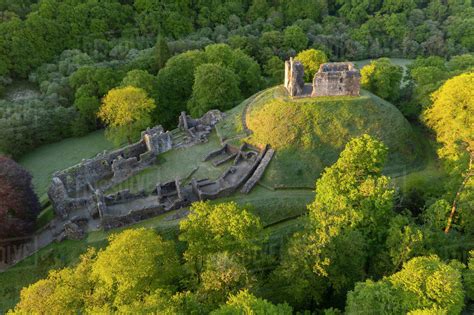 Aerial image showing the ruins of Okehampton Castle on a spring morning, Okehampton, Devon ...