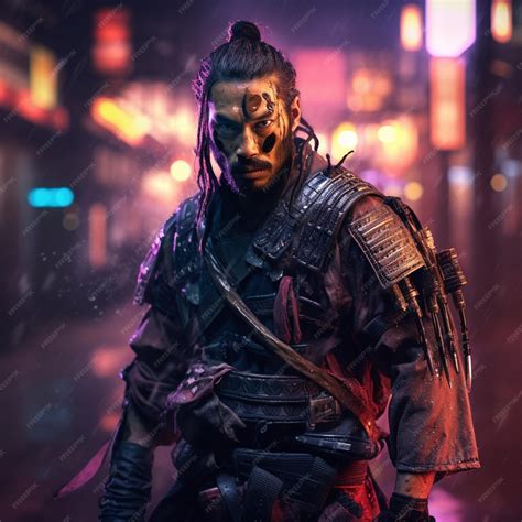 Premium AI Image | shot of samurai Cyberpunk samurai surrounded by city neon lighting