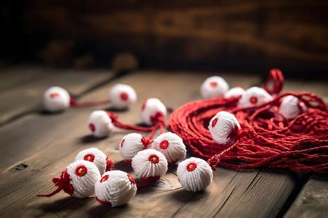 Premium AI Image | A martisor of flowers with wool pompoms on a rustic wooden background