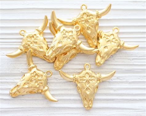 Gold bull pendant, longhorn, ornate bull skull pendant, tribal bull pendant, animal pendant ...