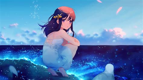 Anime Girl Fluorescent Beach Live Wallpaper - MoeWalls