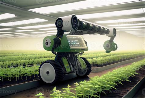 Robot farming harvesting agricultural products in greenhouse. Innovative futuristics technology ...