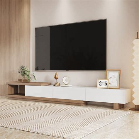 Quoint 100.4" Modern TV Stand Retracted & Extendable 3-Drawer Media Console Walnut | Homary