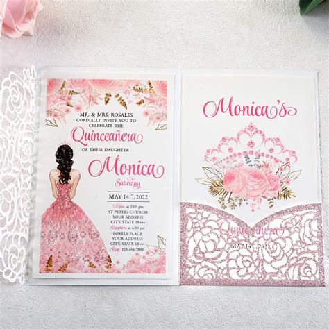 Rose Gold Glitter Tri Fold Quinceanera Invitation – Invitations by Luis ...