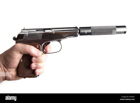 Silver makarov pistol with black silencer Stock Photo - Alamy