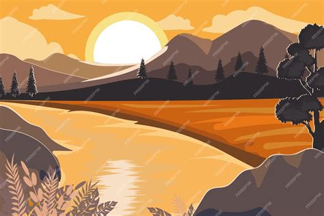 Premium Vector | Beautiful landscape colorful nature scene flat design background template ...