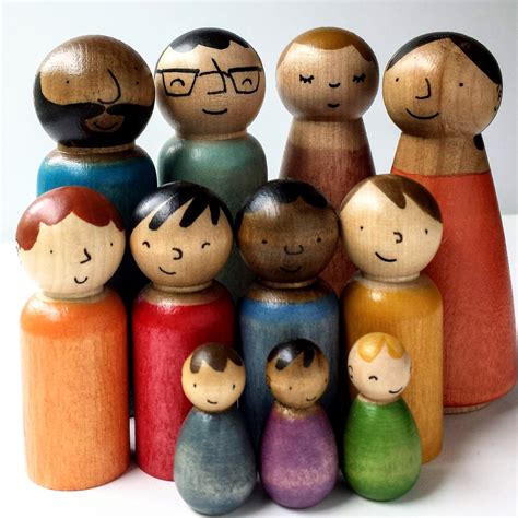 Peg Doll Family Wooden Toys - Bright Rainbow Colours- Doll House - Diverse Family portrait ...