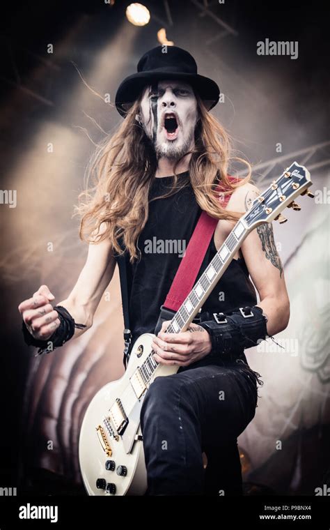 Finnish folk metal band Finntroll on stage at the 2015 Copenhell Metal festival. Here guitarist ...