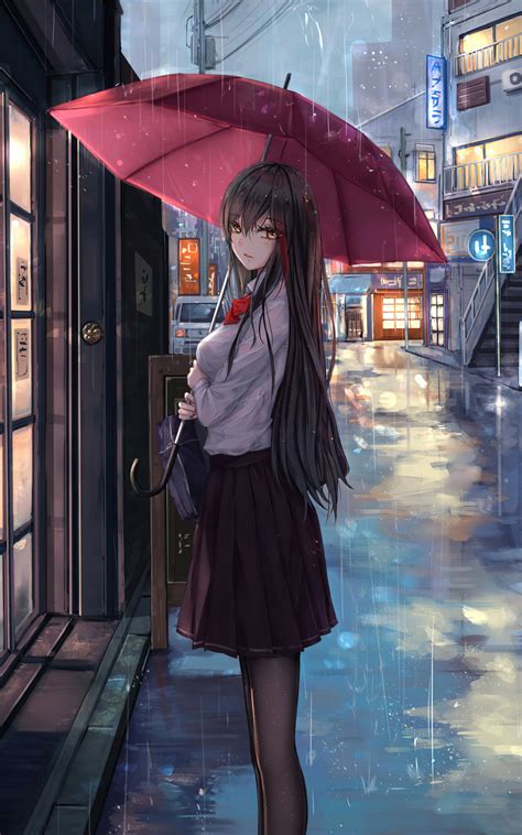 800x1280 Anime Girl Rain Umbrella Looking At Viewer Nexus 7,Samsung Galaxy Tab 10,Note Android ...