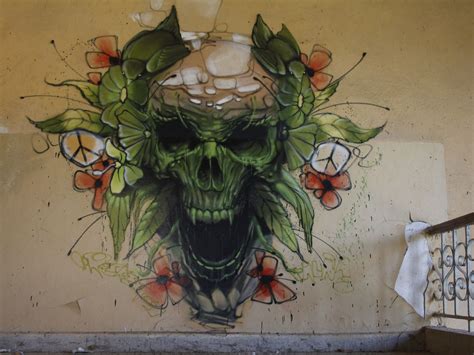 Skull graffiti art in derelict building. Bulgaria 2014