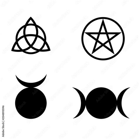 Wicca and pagan symbols. Illustration of a pentagram, triquetra, the Triple Goddess and Horned ...