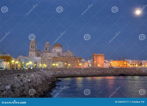 Cadiz cathedral by night stock image. Image of manuel - 25076777