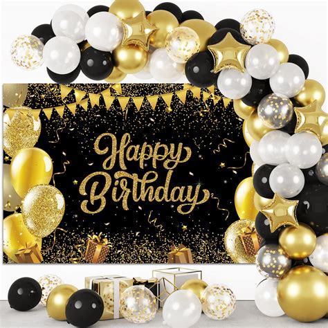 Buy Rubfac Black and Gold Birthday Decorations Happy Birthday Backdrop with 120pcs Black and ...