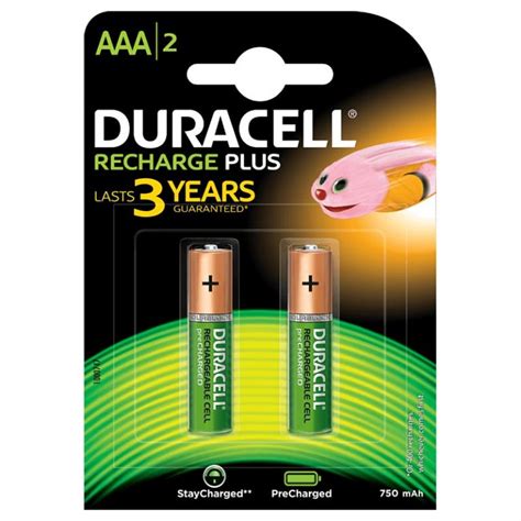 Duracell AAA2-750MAH Recharge Plus- Rechargeable AAA Batteries 750 MAH with Duralock- Pack of 2 ...