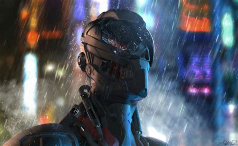 Wallpaper : science fiction, cyberpunk, cyborg, rain, Tony Skeor ...