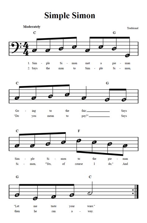 Simple Simon: Beginner Bass Clef Sheet Music with Chords and Lyrics