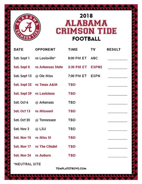 Printable 2018 Alabama Crimson Tide Football Schedule