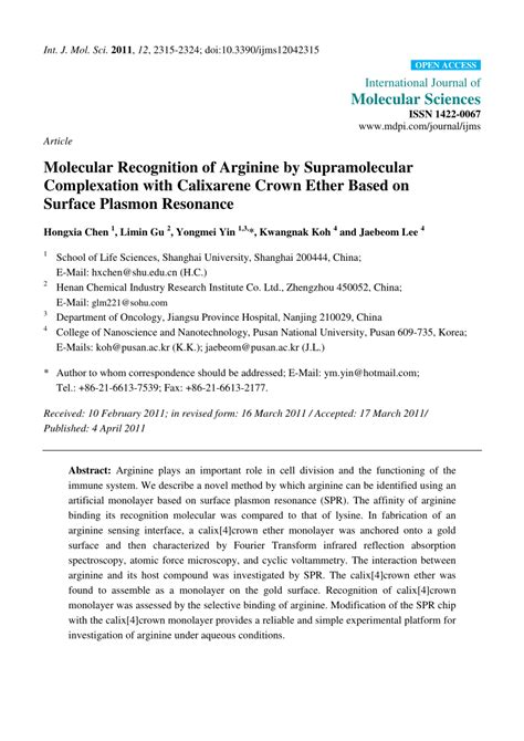 (PDF) Molecular Recognition of Arginine by Supramolecular Complexation with Calixarene Crown ...