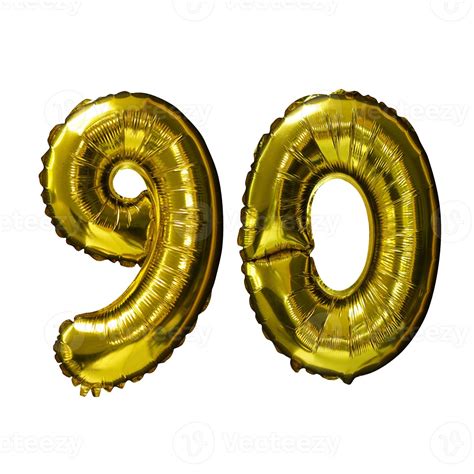 90 Golden number helium balloons isolated background. Realistic foil ...