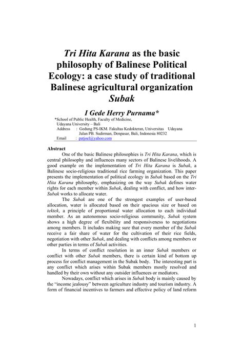 (PDF) Tri Hita Karana as the Basic Philosophy of Balinese Political Ecology: A Case Study of ...