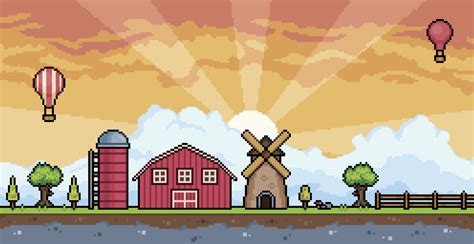 Pixel art farm landscape at sunset with barn, silo, mill, fence, tree 8 bit game background ...