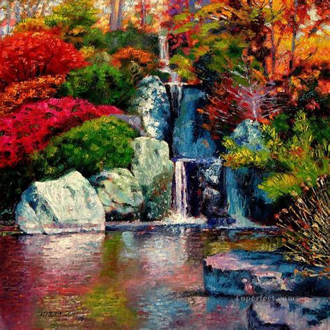 japanese waterfall garden Painting in Oil for Sale