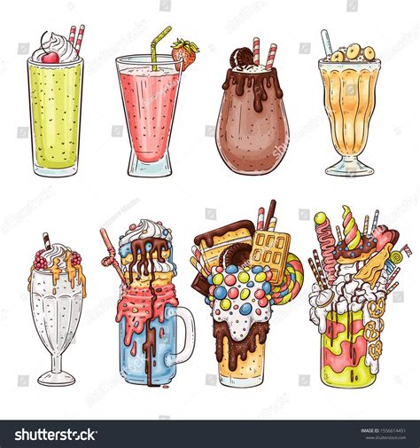 Colorful milkshake drawing set from healthy berry drink to crazy candy ...